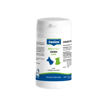 Weiße Canina PETVITAL DERM CAPS-Flasche für Hunde & Katzen; Etikett trägt die Aufschrift „Canina“, „PETVITAL DERM CAPS“, „Für Hunde & Katzen“.
