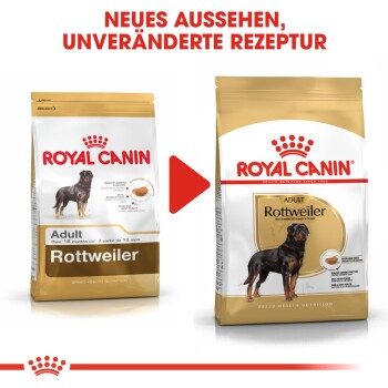 Zwei Beutel Royal Canin Rottweiler-Hundefutter mit neuem Design und deutschem Text: "NEUES AUSSEHEN, UNVERÄNDERTE REZEPTUR."