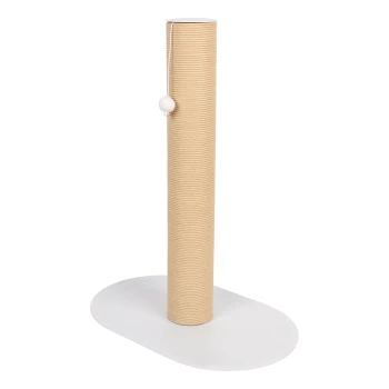 Katzenkratzbaum mit einer strukturierten beigen Oberfläche, mit einem hängenden Ballspielzeug und einer stabilen weißen Basis.