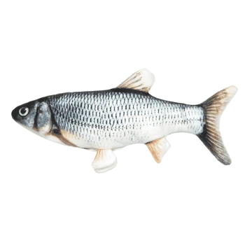 Ein realistisches Plüschspielzeug in Form eines Fisches, mit detaillierten Schuppen und Flossen, auf einem weißen Hintergrund liegend.