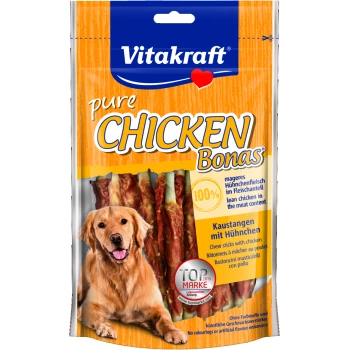Vitakraft pure Chicken Bonas Hundeleckerlipackung mit Kaustangen aus 100% magerem Hähnchen, beschriftet in mehreren Sprachen.