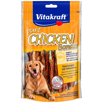 Vitakraft pure Chicken Bonas Hundeleckerlipackung mit Kaustangen aus 100% magerem Hähnchen, beschriftet in mehreren Sprachen.