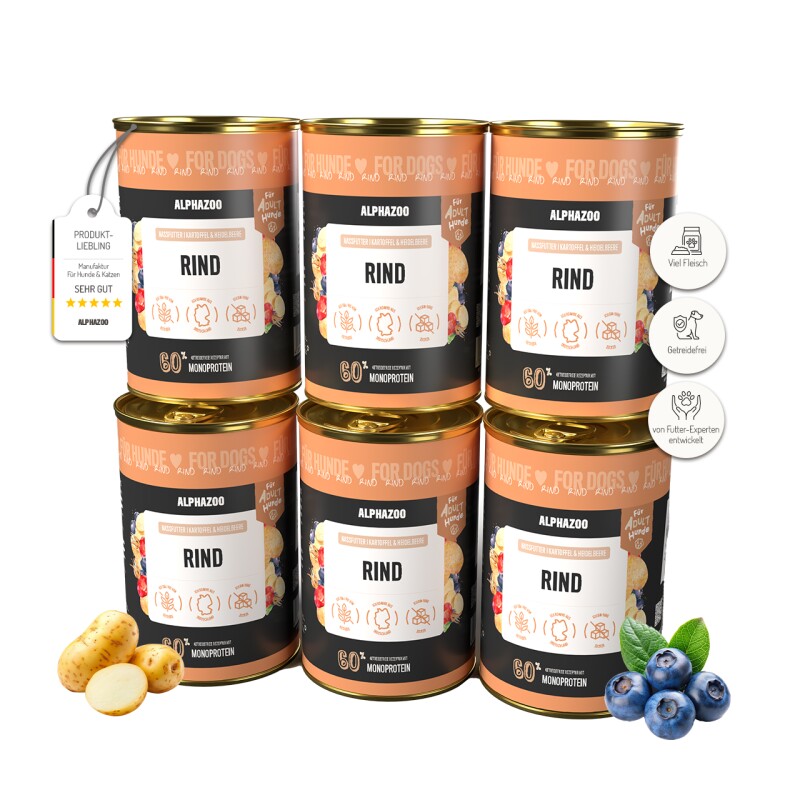 ALPHAZOO Monoprotein Rind 6 x 400g, Nassfutter Rind für Hunde