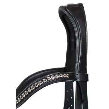 Schwarzes Leder-Hundegeschirr mit einer Reihe von funkelnden Strasssteinen entlang des Riemens, das ein schlankes und stilvolles Design zeigt.