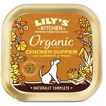 Lily's Kitchen Bio-Hühnchen-Abendessen für Hunde, mit einem Design mit Blumen und einer Hundillustration, gekennzeichnet als "Natürlich Komplett."