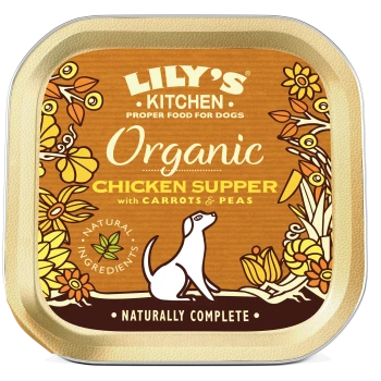 Lily's Kitchen Organic Chicken Supper for dogs, featuring a design with flowers and a dog illustration, labeled "Naturally Complete."