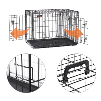 Schwarze Metall-Haustierbox mit zwei Schiebetüren, mit einer abnehmbaren Kunststoffschale und Nahaufnahmen eines Griffs und Riegels.