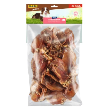 Friandises pour chiens MultiFit native XL-Pack oreilles de porc dans un sac transparent, présentant un chien brun et blanc en haut.