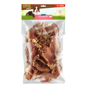 Friandises pour chiens MultiFit native XL-Pack oreilles de porc dans un sac transparent, présentant un chien brun et blanc en haut.