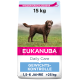 Eukanuba Daily Care Hundefutterbeutel, 15 kg, mit einem braunen Hund vor einem grasbewachsenen Hintergrund. Der Text enthält 'Gewichtskontrolle' und Altersbereich 1,5-6 Jahre.
