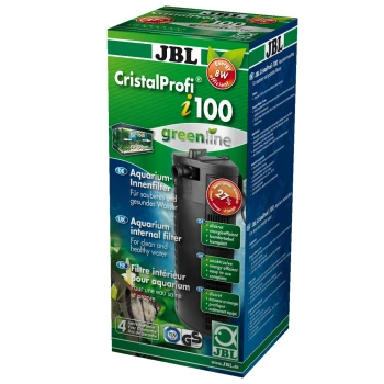 JBL CristalProfi i100 green.line Aquarium-Innenfilterbox mit energieeffizientem Design, mit Text in Deutsch, Englisch und Französisch.