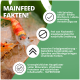 Ziergarnele neben grünem Feld mit der Aufschrift „MAINFEED FAKTEN!: 14% Spirulina; fischmehlfrei; Farbpigmente; Superfood“