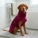 Brauner Hund trägt einen burgunderroten Handtuchmantel mit Etikett 'THE DOG COAT' und sitzt auf einem Badezimmerteppich neben einer Badewanne.