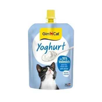GimCat Yoghurt cat pouch, blue with yellow cap, spoon of yogurt, black-and-white cat and '95% whole milk' label.