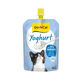 GimCat Yoghurt cat pouch, blue with yellow cap, spoon of yogurt, black-and-white cat and '95% whole milk' label.