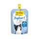 GimCat Yoghurt cat pouch, blue with yellow cap, spoon of yogurt, black-and-white cat and '95% whole milk' label.