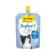 GimCat Yoghurt cat pouch, blue with yellow cap, spoon of yogurt, black-and-white cat and '95% whole milk' label.