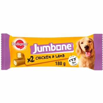 Pedigree Jumbone dog treats, featuring chicken and lamb flavor, 180g pack with less than 5% fat, includes two chewable bones.