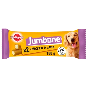 Pedigree Jumbone dog treats, featuring chicken and lamb flavor, 180g pack with less than 5% fat, includes two chewable bones.