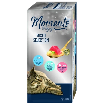 Katze liegt neben einer "Moments to enjoy" Katzenfutterbox mit Pacific Tuna, Tuna & Chicken with Cheese und Chicken & Tuna Geschmäckern.
