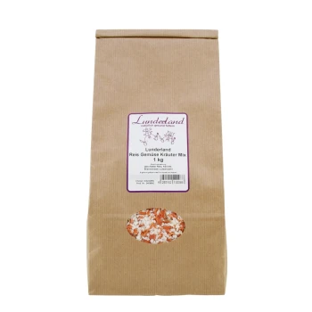 Braune Papiertüte mit dem Aufdruck "Lunderland Reis Gemüse Kräuter Mix", die eine bunte Mischung aus Reis, Gemüse und Kräutern enthält, 1 kg.