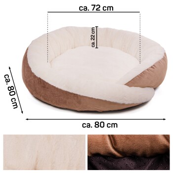 Rundes Haustierbett mit einem weichen cremefarbenen Zentrum und braunem Außenstoff, mit einem Durchmesser von etwa 72 cm und einer Höhe von 22 cm.