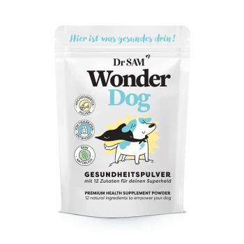 Verpackung des Gesundheitszusatzpulvers Dr. SAM Wonder Dog mit einem Cartoon-Hund, mit Text auf Deutsch über seine natürlichen Inhaltsstoffe und Vorteile.