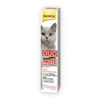 GimCat Duo Paste Anti-Hairball for cats, featuring a gray cat on the packaging, with text highlighting "Malz mit Hühnen" and "No sugar added."