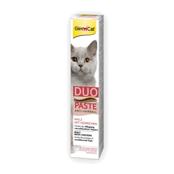 GimCat Duo Paste Anti-Hairball for cats, featuring a gray cat on the packaging, with text highlighting "Malz mit Hühnen" and "No sugar added."