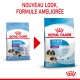 Deux sacs de nourriture pour chiens Royal Canin : à gauche "Starter Mother & Babydog Giant 45 kg," à droite "1-2 mois, Adult over 45 kg," avec une flèche rouge.