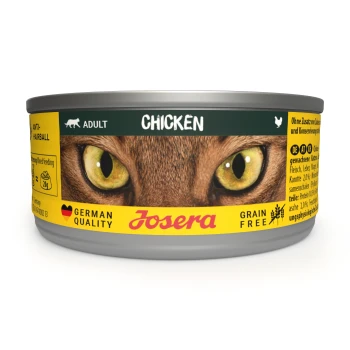 Nassfutter Katze, Adult, Huhn 12x85 g Eine Dose Josera Katzenfutter mit der Aufschrift 'Huhn', mit Katzenaugen, gekennzeichnet mit 'Erwachsene', 'Anti-Haarball', 'Getreidefrei' und 'Deutsche Qualität.'