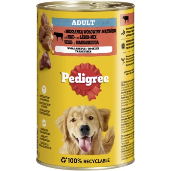 Dosenfutter "Pedigree Adult" mit einem lächelnden Golden Retriever, mit polnischem und deutschem Text zu Zutaten und Recycling.