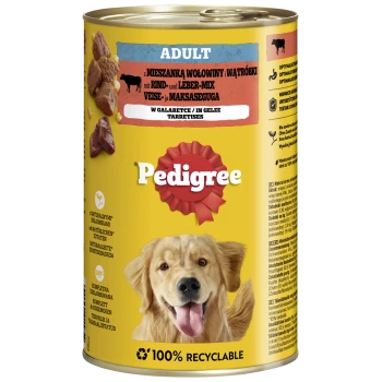 Dosenfutter "Pedigree Adult" mit einem lächelnden Golden Retriever, mit polnischem und deutschem Text zu Zutaten und Recycling.