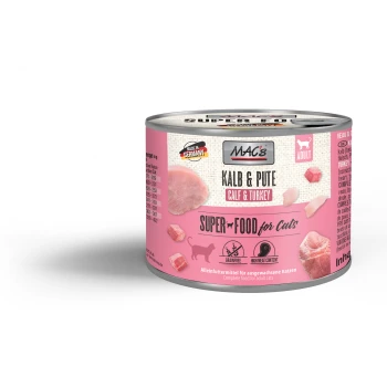 Une boîte de nourriture pour chats MAC's "Kalb & Pute" avec un design rose, montrant des morceaux de viande et étiquetée sans céréales et riche en viande.