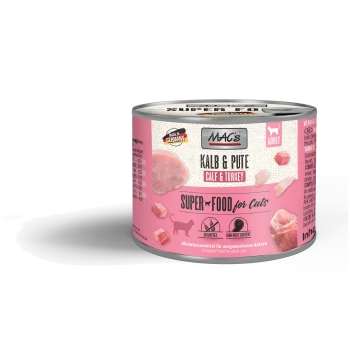 Eine Dose MAC's "Kalb & Pute" Katzenfutter mit einem rosa Design, das Fleischstücke zeigt und als getreidefrei und mit hohem Fleischanteil beschriftet ist.
