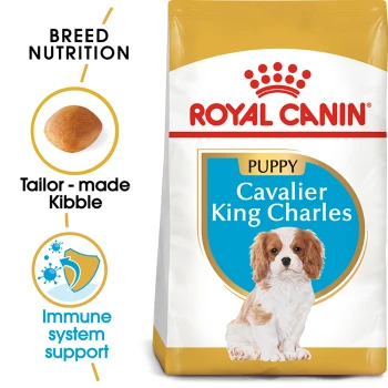 Royal Canin Puppy food for Cavalier King Charles, featuring a puppy image, tailored kibble, and claims for breed nutrition and immune system support.