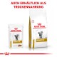 Royal Canin Veterinary Urinary S/O Katzenfutter in einem Beutel und einem Sack, mit einem Katzenbild und dem Text "AUCH ERHÄLTLICH ALS TROCKENNARUNG."