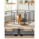 Ein Golden Retriever steht in einem schwarzen Metallspielbereich mit einer Tür, einem gemütlichen Bett und einem Spielzeug in einem hellen Raum mit großen Fenstern.