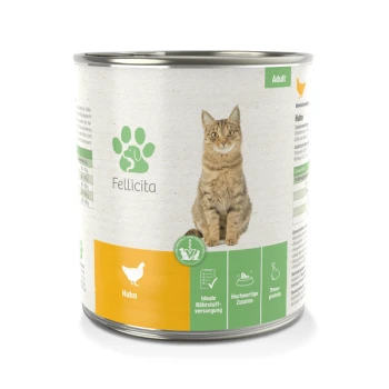Huhn pur 6x 800g Dose "Fellicita" Katzenfutter für Erwachsene, mit einer braunen getigerten Katze und dem Aufdruck Hühnergeschmack mit hochwertigen Zutaten.