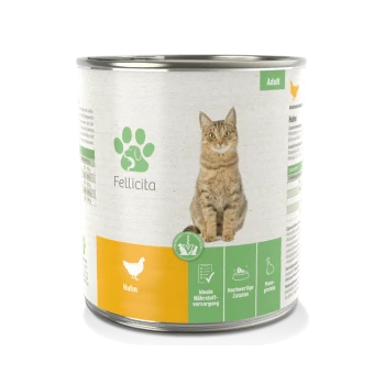 Dose "Fellicita" Katzenfutter für Erwachsene, mit einer braunen getigerten Katze und dem Aufdruck Hühnergeschmack mit hochwertigen Zutaten.