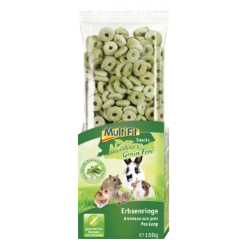 MultiFit Nature Getreidefrei Haustiersnack, transparente Tüte mit grünen Erbsenringen und Abbildungen kleiner Haustiere; Aufschrift 'Erbsenringe'.
