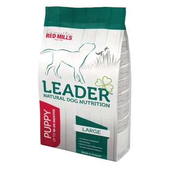 Bag of Leader Natural Dog Nutrition for puppies, labeled "PUPPY" for ages 16-24 months, featuring a large dog silhouette and key benefits.