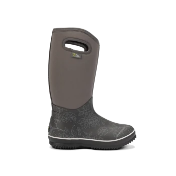 Ein einzelner grauer Gummistiefel mit floralem Design, mit einem bequemen Neopren-Obermaterial und einem Zuggriff für einfaches Anziehen.