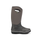 Ein einzelner grauer Gummistiefel mit floralem Design, mit einem bequemen Neopren-Obermaterial und einem Zuggriff für einfaches Anziehen.