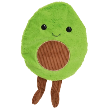 Plüschiges, grünes, avocadoförmiges Haustierspielzeug mit lächelndem Gesicht sowie braunem Kern und Beinen.