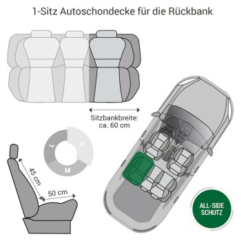 Diagramm eines Einzelsitzbezuges für die Rückbank, das die Abmessungen (45 cm Höhe, 50 cm Tiefe) und eine Breite von 60 cm zeigt.