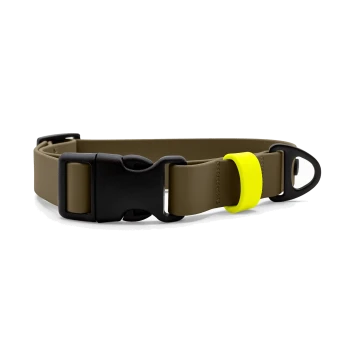 Olivbraunes Hundehalsband mit schwarzer Kunststoff-Seitenverschluss-Schnalle, schwarzem D‑Ring und neon-gelber Halteschlaufe vor weißem Hintergrund.