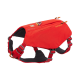 Rotes Hundegeschirr mit verstellbaren Riemen und gepolstertem Design, mit einem Logo und zwei Reißverschlusstaschen oben.