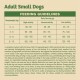 Feeding guidelines for adult small dogs, detailing daily serving sizes based on body weight and activity level, with nutritional advice.