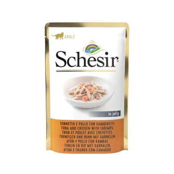 Schesir Erwachsenen-Hundefutterbeutel mit Thunfisch und Hähnchen mit Garnelen in Gelee, mit einer Schüssel des Futters, die vorne angezeigt wird.